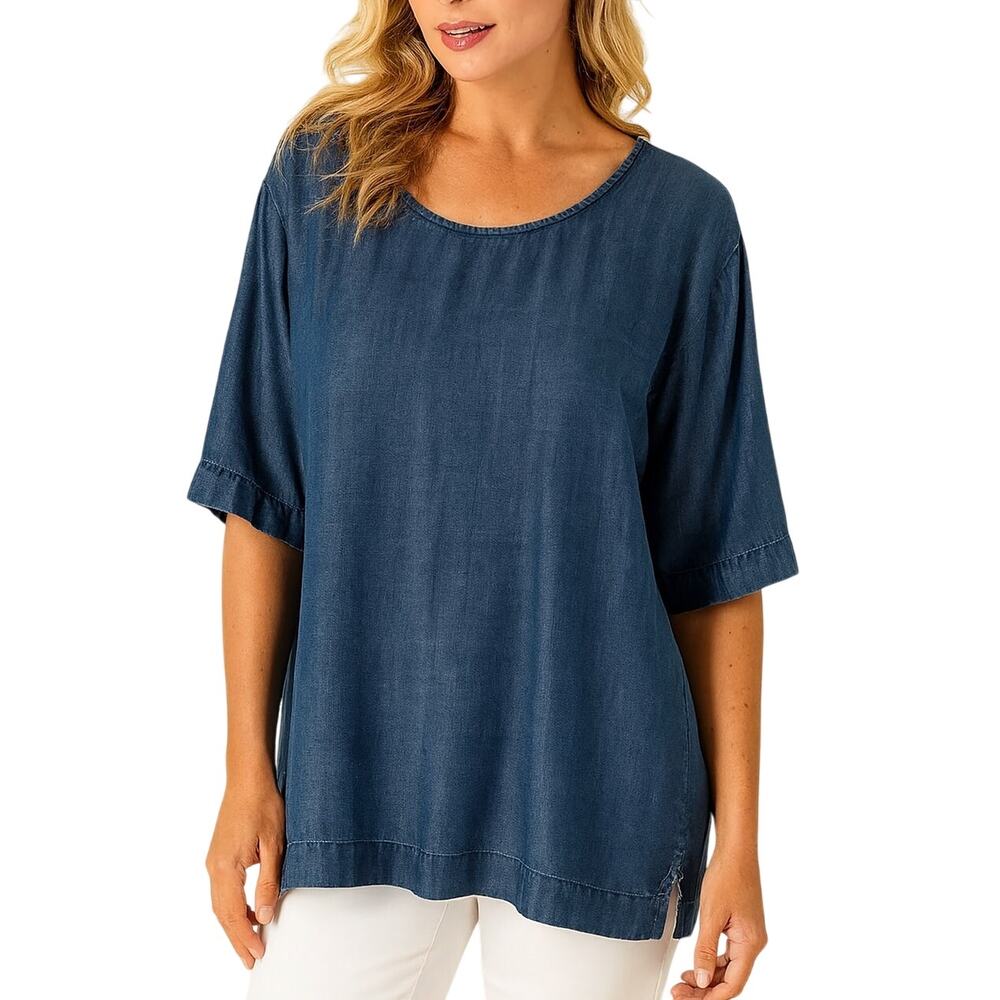 Tommy Bahama Blue Chambray Denim Scoop Neck Short Sleeve Blouse Oversized